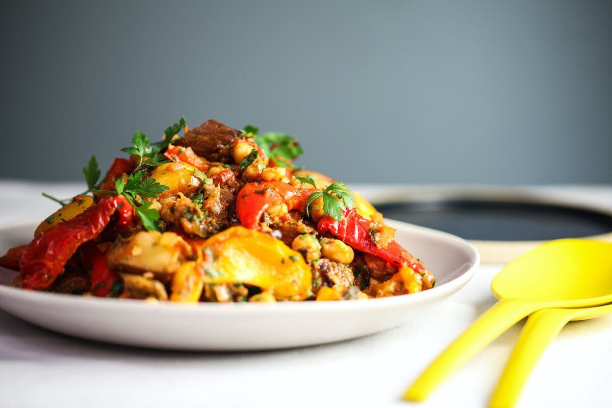 Spiced Chickpea Salad with Roasted Aubergines and Peppers