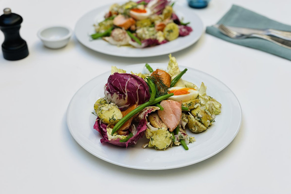 Hot Smoked Salmon, Egg and Potato Salad and Crispy Capers