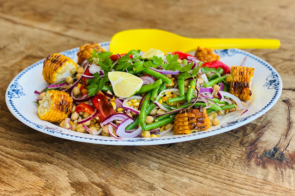 Grilled Corn Salad, Green Bean, Charred Peppers, Lime, Chilli and Tahini