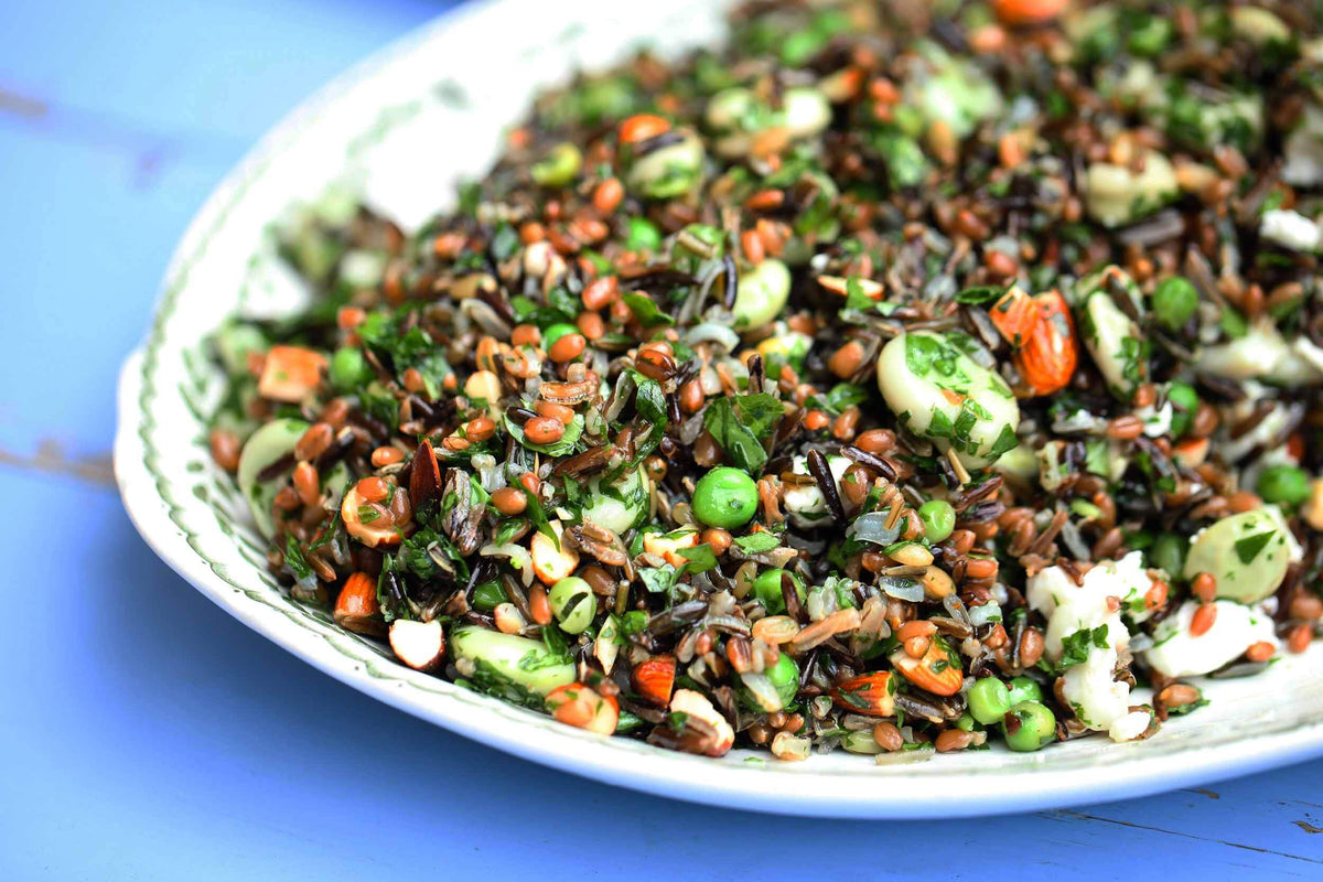 Wild Rice, wheat berry, pea and ticklemore salad