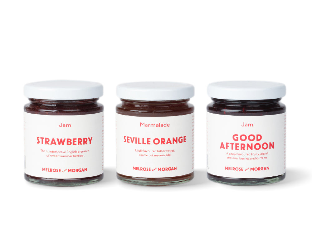 Melrose and Morgan Jams Trio includes Seville Orange Marmalade, Strawberry Jam and Good Afternoon Jam