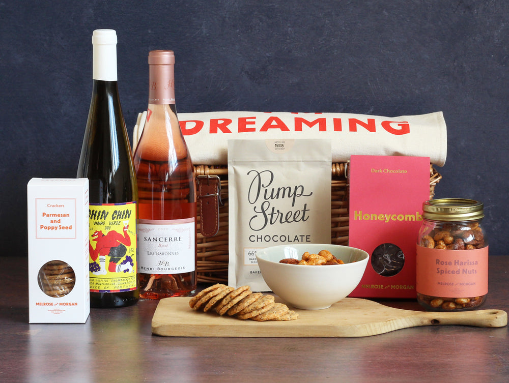 The Honey and Rosé Hamper - food and wine hampers. Containing the refreshing, very fruity Sancerre Les Baronnes Rosé with its seductive bouquet of ripe red fruits, as well as the legendary Vinho Verde 'Chin Chin', a crisp spritzy white, bursting with energy.